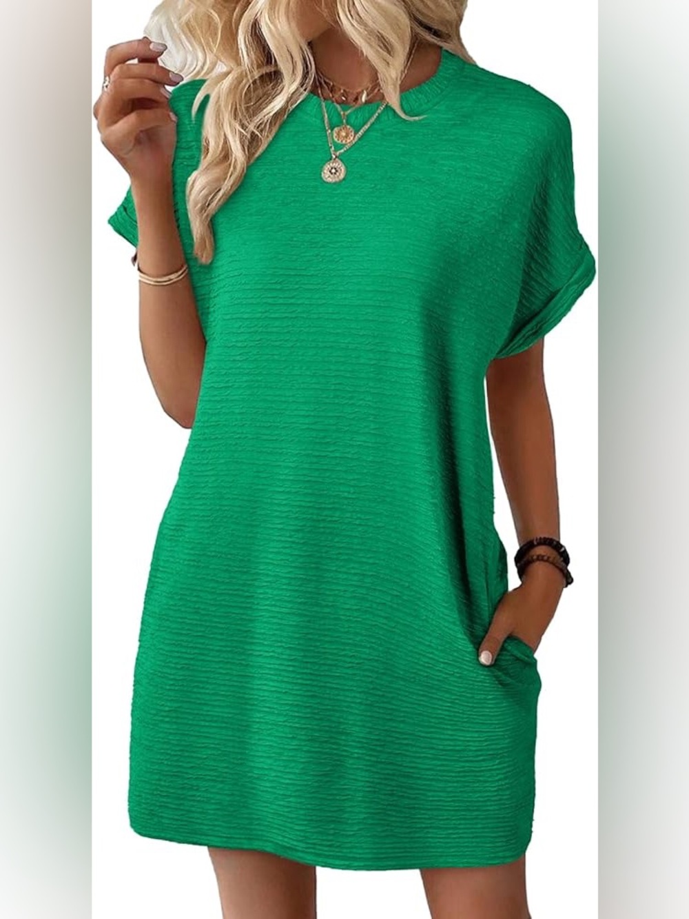 Evaless Women’s Green Relaxed Textured Short Sleeve Dress with Pockets L Large